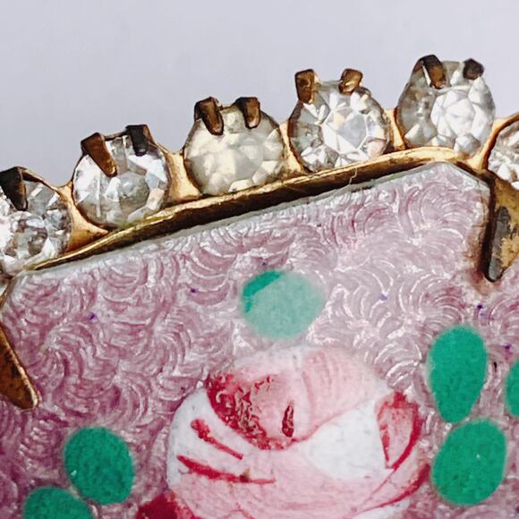 VTG 50s Reverse Painted Glass Rose Brooch Rhinestones Gold Tone Pin Mid Century - Picture 2 of 10